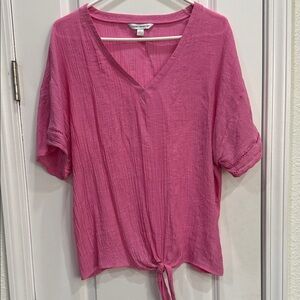 Counterparts Pink V-Neck Tie-Front Blouse in bubblegum pink